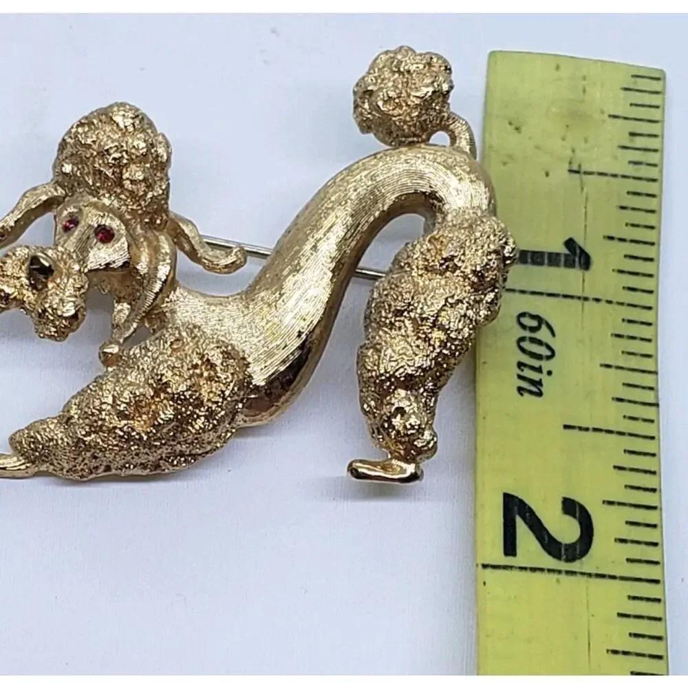 Vintage Poodle Doodle Dog Brooch Monet Gold with Red Rhinestone Eyes Playful Pin - Picture 7 of 7